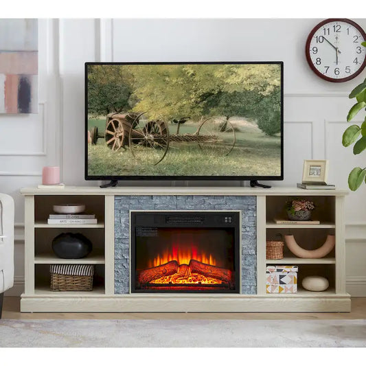 Modern TV Media Stand with 23 Fireplace Insert, Large Faux Stacked Stone TV Desk Storage Rack