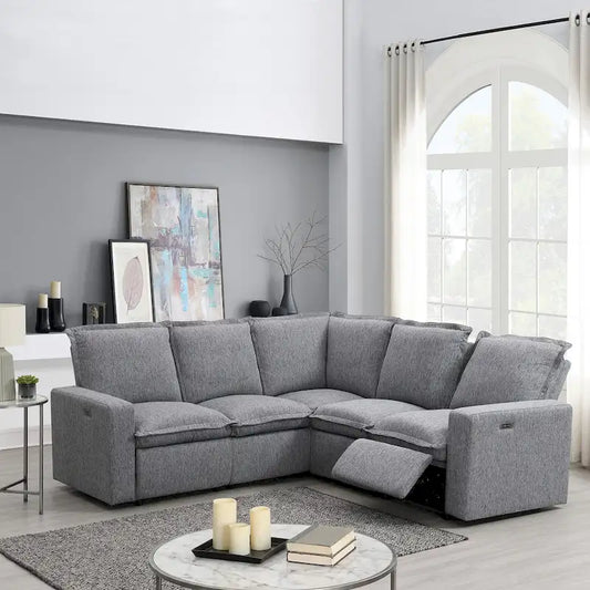 Linen Upholstered L-Shaped Sectional Sofa with 2 Power Recliner Chair and USB Port for Living Room