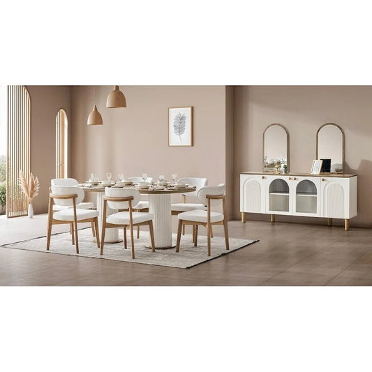 Blin 8-Piece Oval Dining Table, 6 Dining Chair With Wood Leg Set And 72 Buffet With Mirror