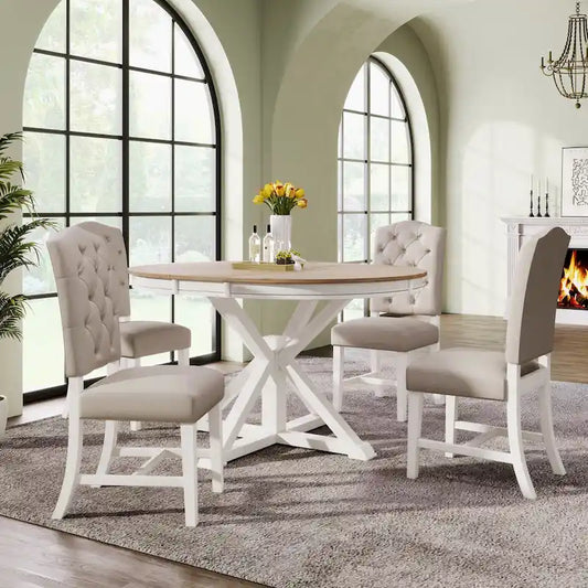 5 Pcs Wooden Round Dining Table Set, Kitchen Dining Table Chair Set with Extendable Table and 4 Upholstered Chairs