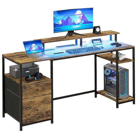 L Shaped Computer Desk 180 Rotating Corner Desk with Storage Shelves, Drawer and Cabinet, Study Workstation for Home Office