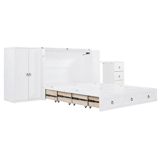 Queen Size Murphy Bed with USB Port, Large Drawer and Desk Combo for Bedroom