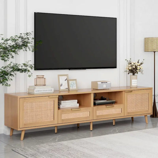 Wood 78 TV Stand with Wood Legs, Cabinets & Shelves for TVs Up to 85