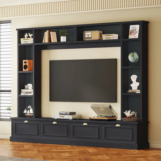Black 104.2 Large Wall Unit with Bookshelves & Cabinets for TVs Up to 78