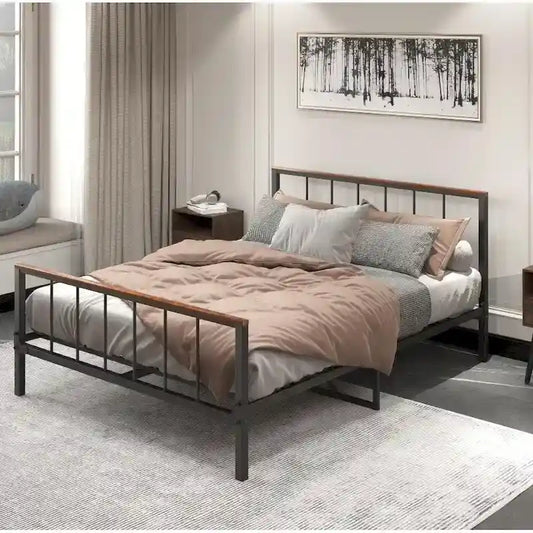 Black Metal Queen Platform Bed with Headboard