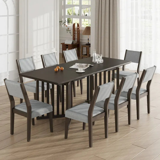 Farmhouse Style Wooden 9-Piece Extendable Dining Table Set with 2 Removable Leaves and 8 Upholstered Dining Chairs