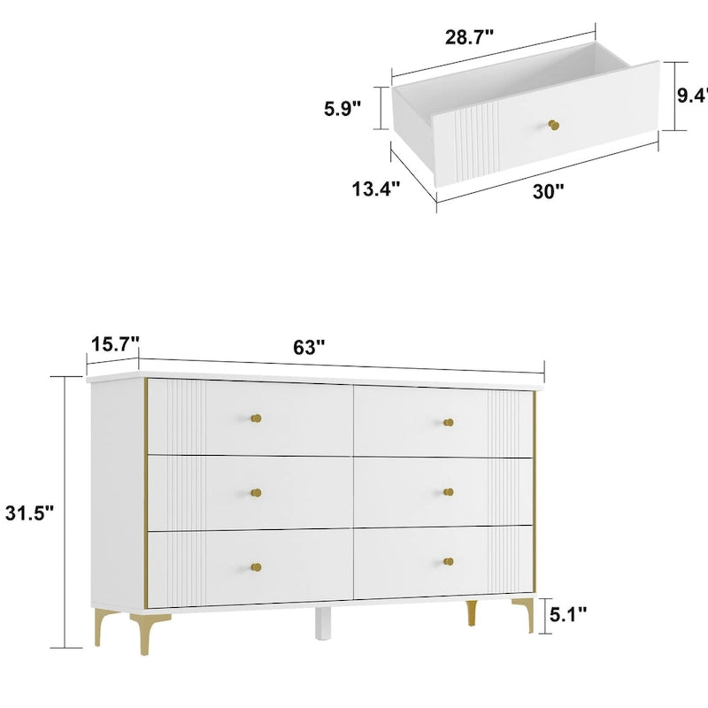 6 Drawer Dresser Modern White Dresser Chest Wood Storage Chest