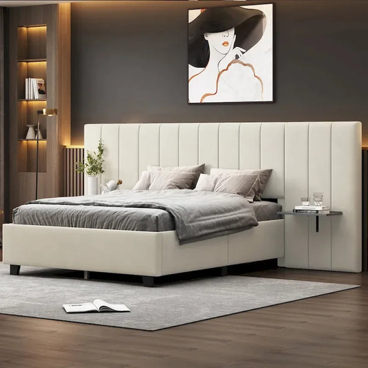 Full Size Upholstered Platform Bed with Big Headboard, Velvet, Beige