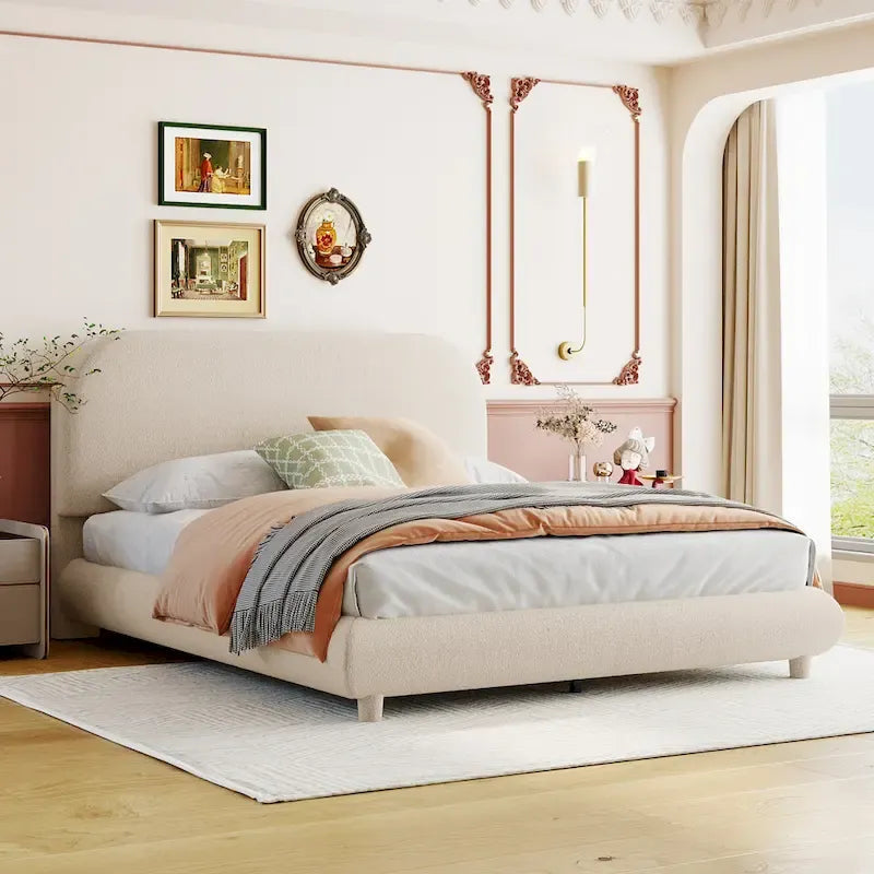 Teddy Fleece Full Size Upholstered Platform Bed with Thick Fabric, Solid Frame and Stylish Curve-shaped Design, Beige