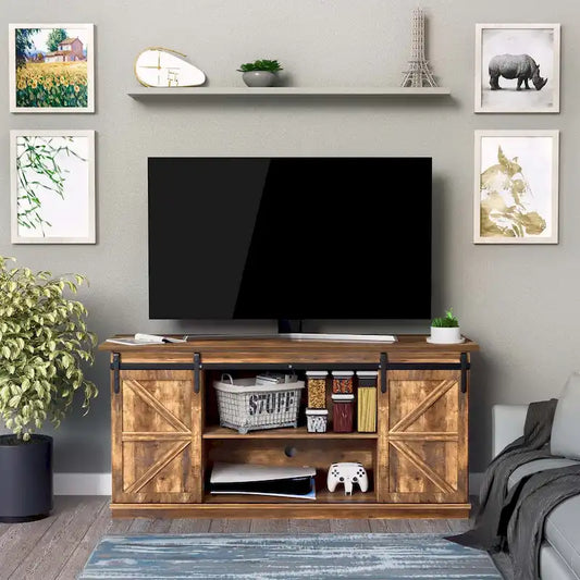 TV Stand 2 -shelf for TVs 43 up to 65. Simple living and Modern Mid-century, farmhouse barn door -easy to store something