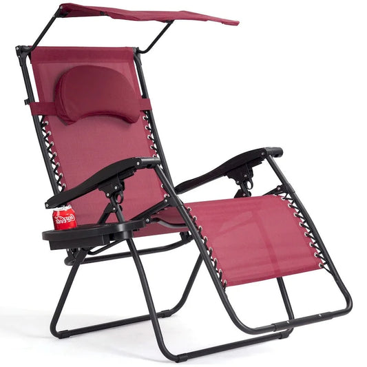 Portable Reclining Lounge Chair with Sunshade, Cup Holder, and Folding Design - Dark Red