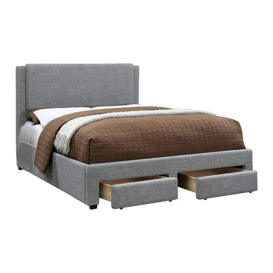 Bovi King Storage Bed, 2 Drawer Footboard, Fully Upholstered Gray Polyester