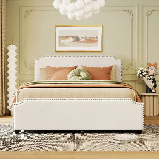 Upholstered Platform Bed with Stud Trim Headboard and Footboard and 4 Drawers