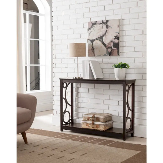 Dark Cherry Finish Wood Entryway Sofa Console Table with Storage Shelf for Hallway, Foyer, Living Room