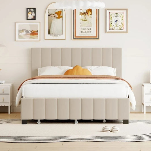 Queen Size Velvet Upholstered Platform Bed