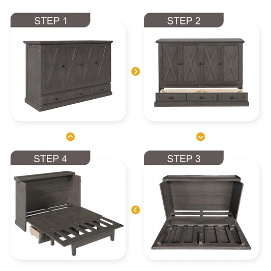 Solid Pine Murphy Bed Chest Cube Cabinet Bed with Charging Station and Large Storage Drawer for Home Office or Small Room,Queen